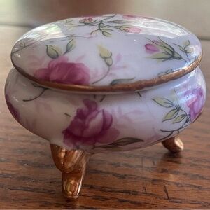 Vintage Lefton Rose Chintz Footed Trinket Box 1239 Jewelry Trinket Box